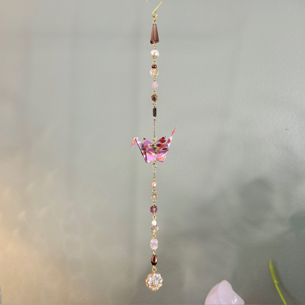 Origami Ornament #2412 - Small Crane with Glass Beads